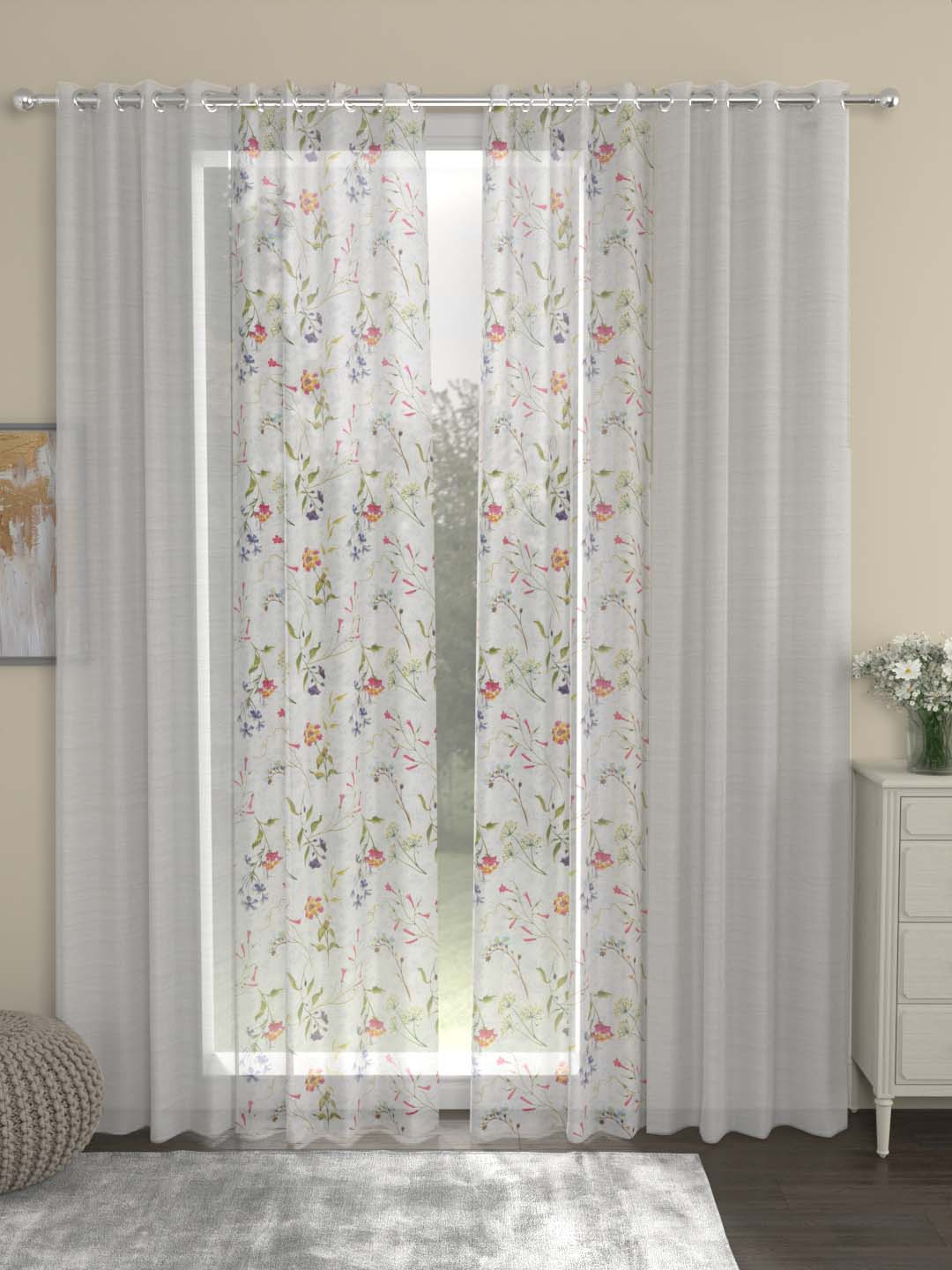 

ROSARA HOME Dove Voile Off & Green 4 Pieces Floral Sheer Door Curtains, Off white