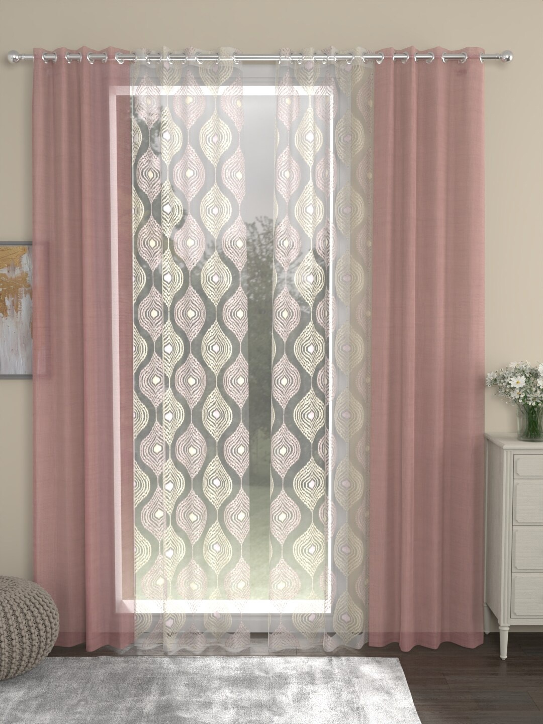 

ROSARA HOME Dove Ogge Pink & White 4 Pieces Embroidered Sheer Long Door Curtains