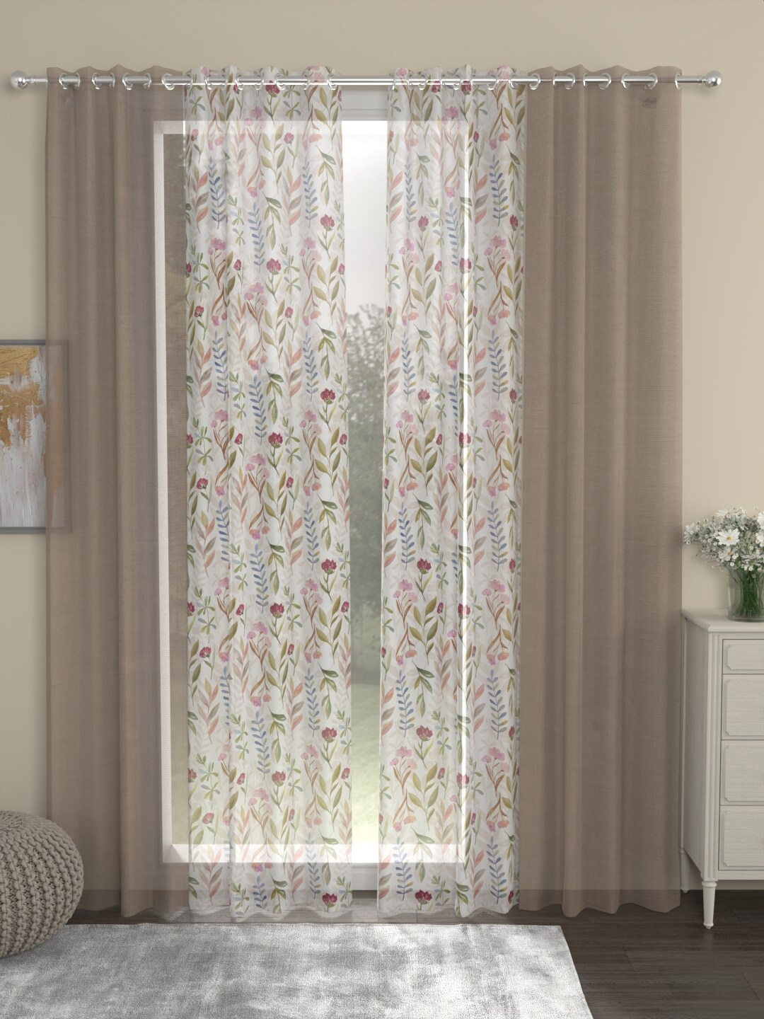 

ROSARA HOME Dove Grace Voile Taupe & White 4 Pieces Floral Sheer Long Door Curtains