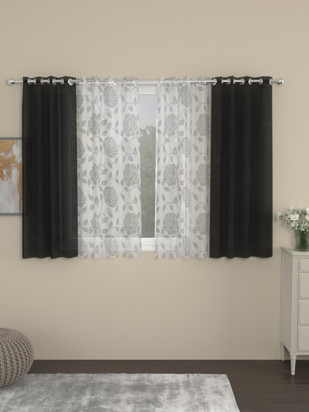 

ROSARA HOME Dove Belle Grey & White 4 Pieces Floral Sheer Window Curtains