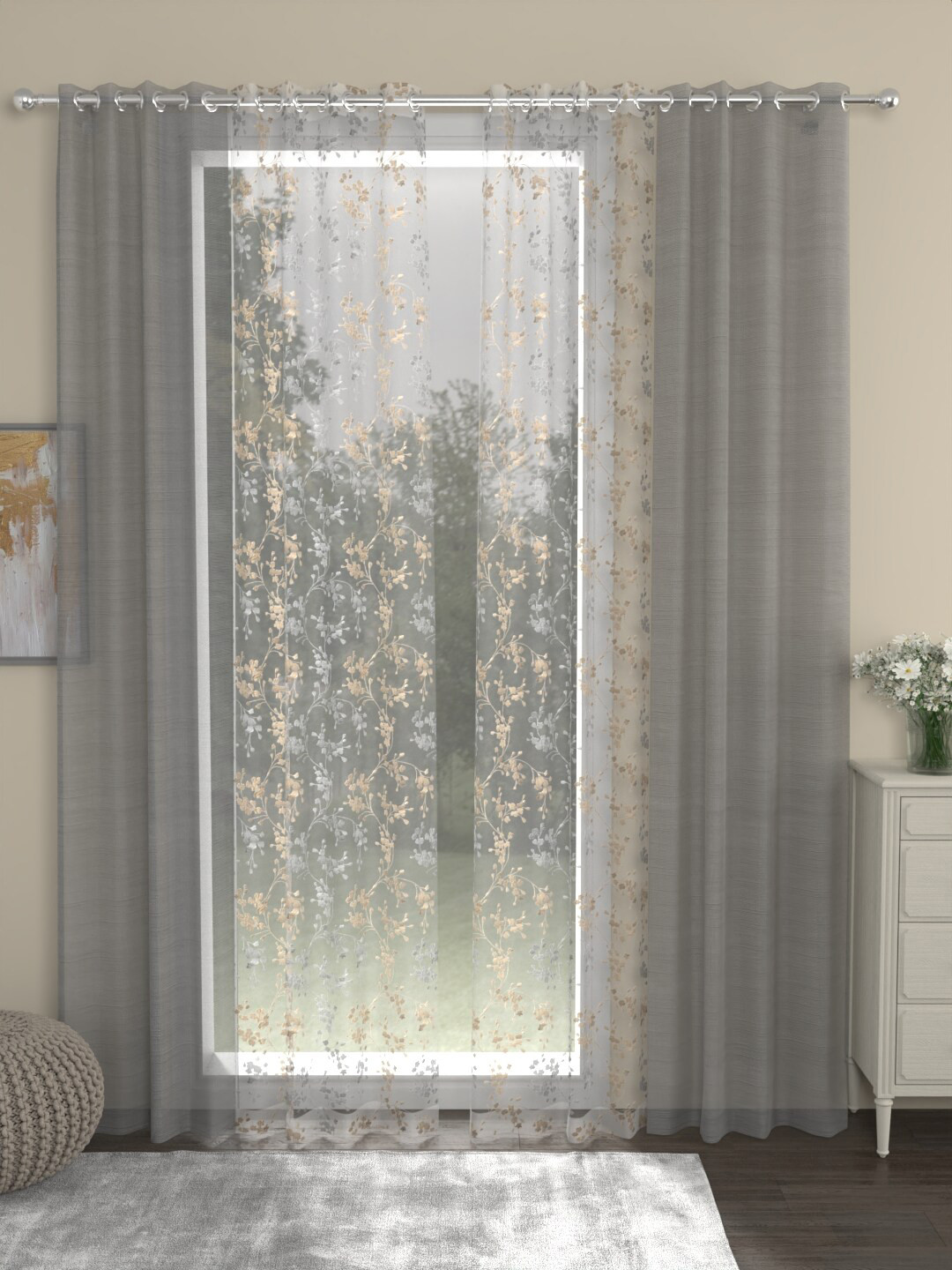 

ROSARA HOME Dove Mimosa Grey & Beige 4 Pieces Embroidered Sheer Door Curtains