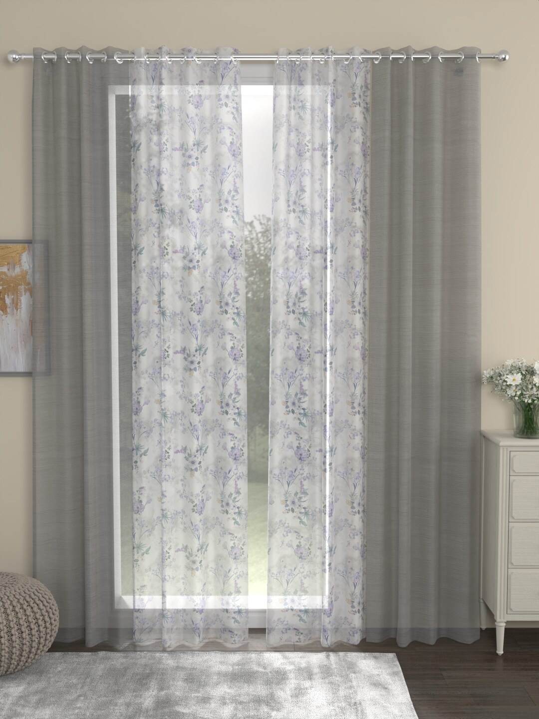 ROSARA HOME Dove Chanderi Grey & White 4 Pieces Floral Sheer Long Door Curtains