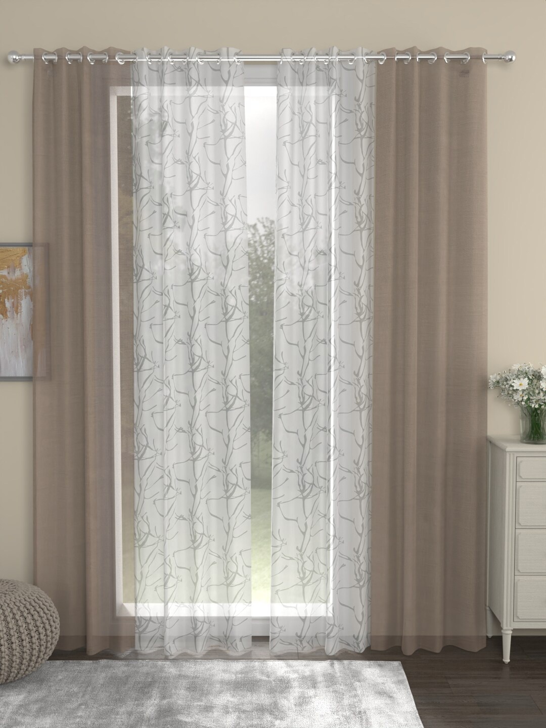 

ROSARA HOME Dove Wallace Taupe & White 4 Pieces Abstract Sheer Door Curtains