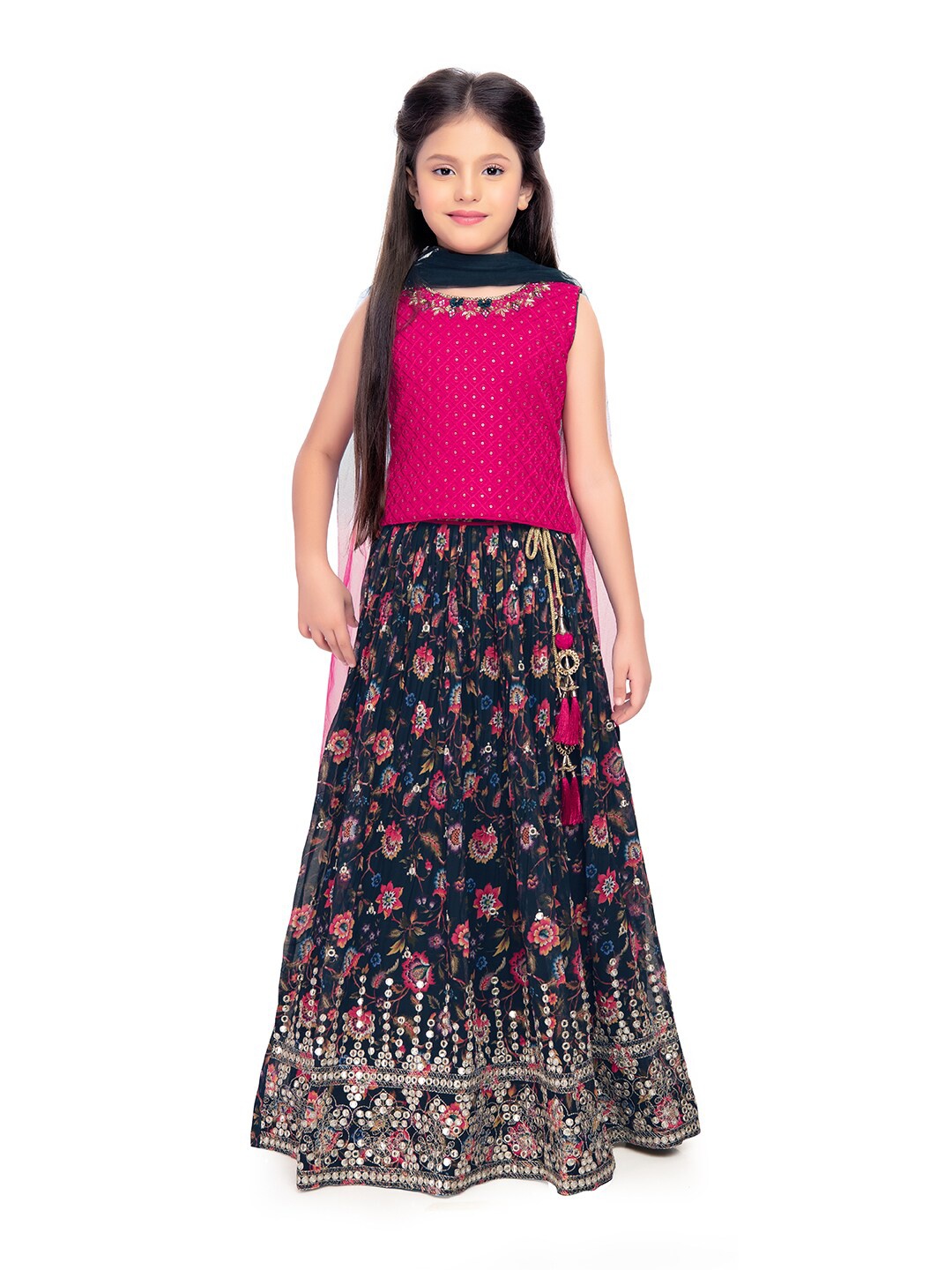 

Tiny Kingdom Girls Embroidered Sequinned Ready to Wear Lehenga & Blouse With Dupatta, Pink