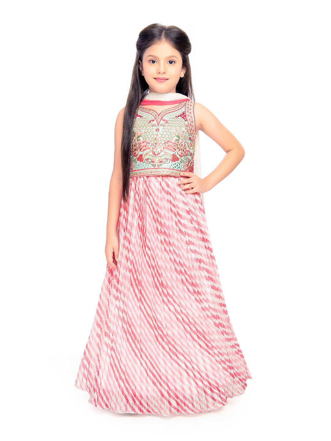

Tiny Kingdom Girls Embroidered Mirror Work Ready to Wear Lehenga & Blouse With Dupatta, Pink