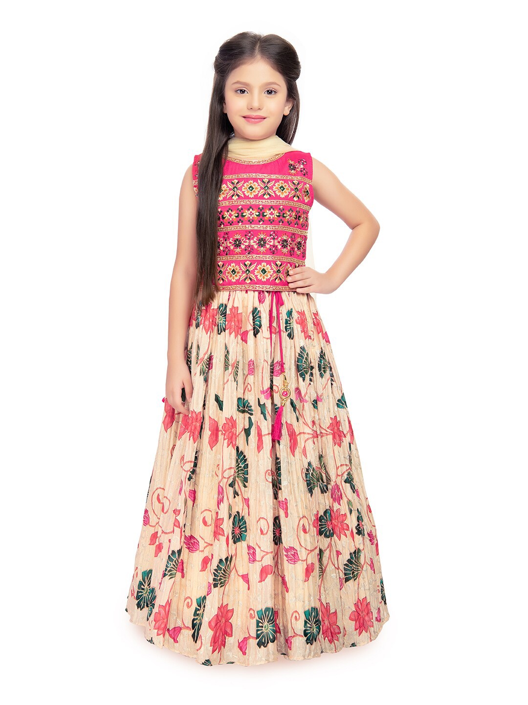 

Tiny Kingdom Girls Embroidered Thread Work Ready to Wear Lehenga & Blouse With Dupatta, Cream