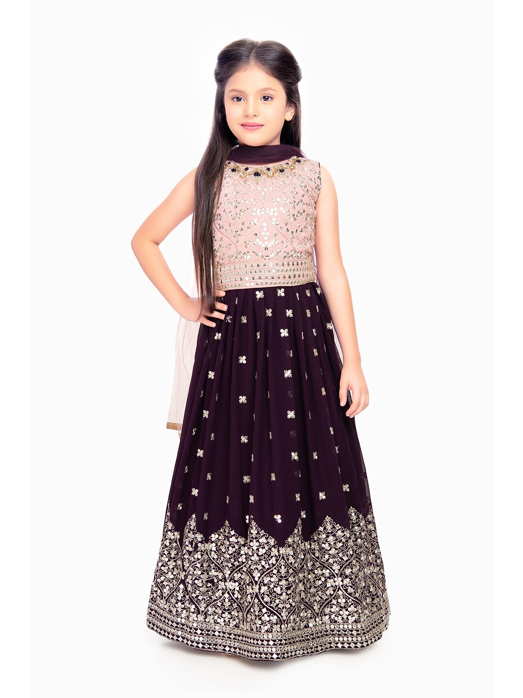 

Tiny Kingdom Girls Embellished Sequinned Ready to Wear Lehenga & Blouse With Dupatta, Burgundy