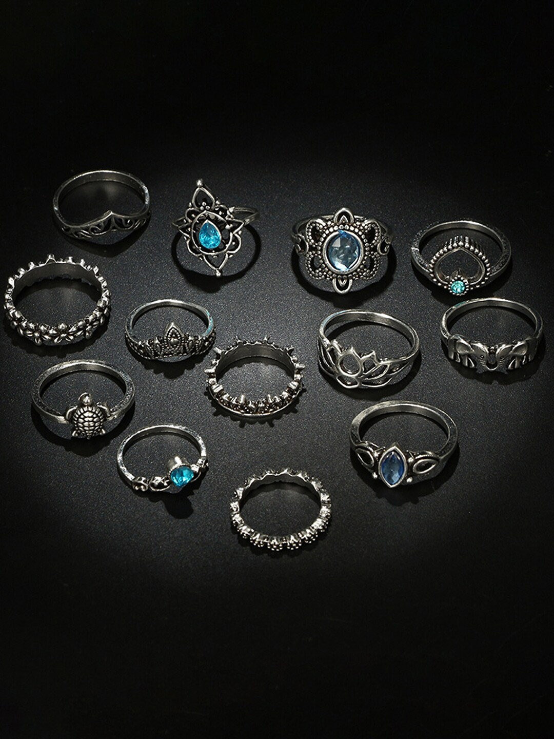 

Sukkhi Set Of 13 Silver-Plated & Stone-Studded Oxidised Finger Ring