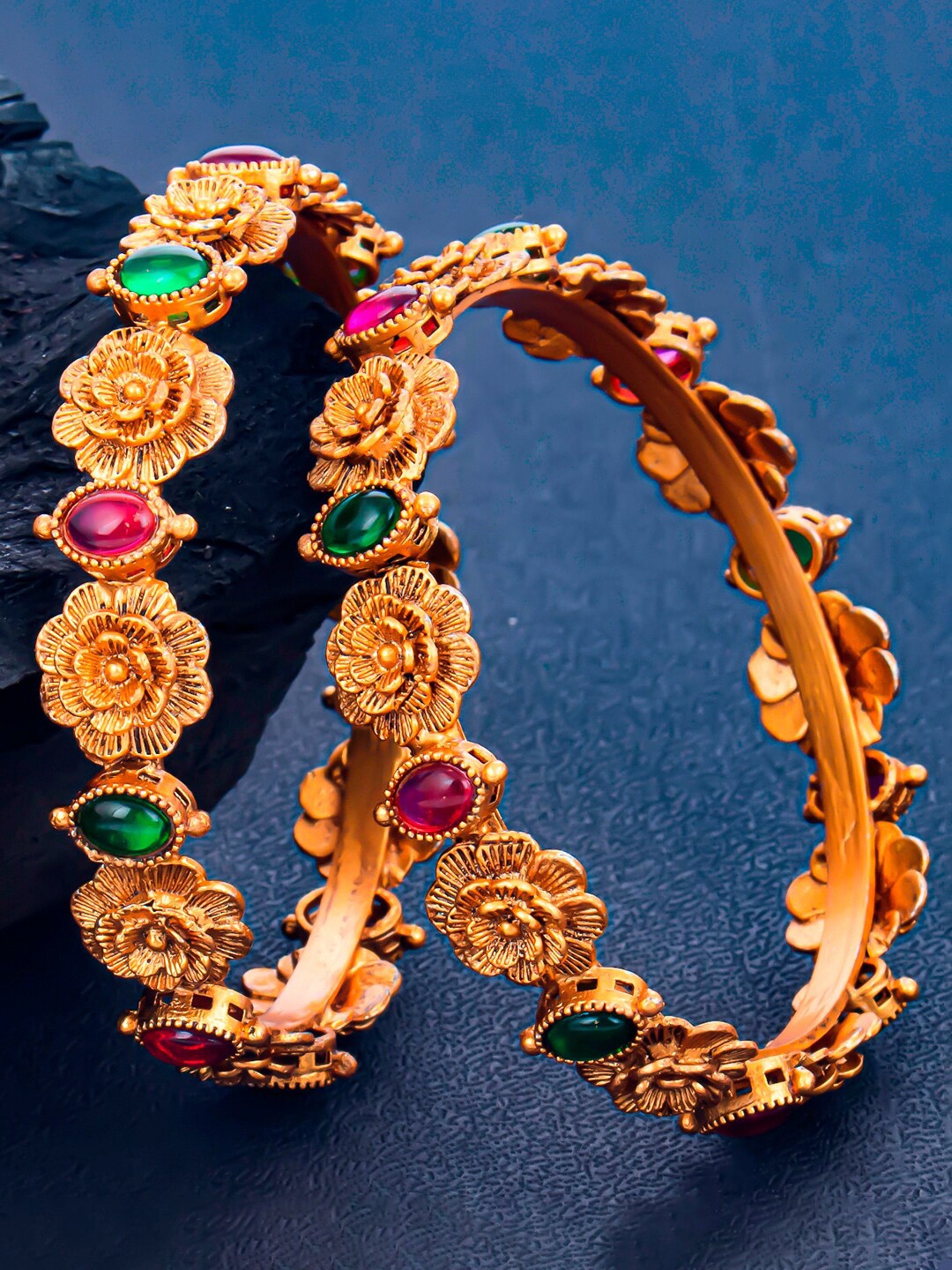 

Sukkhi Set Of 2 Gold-Plated Stone-Studded Floral Bangles