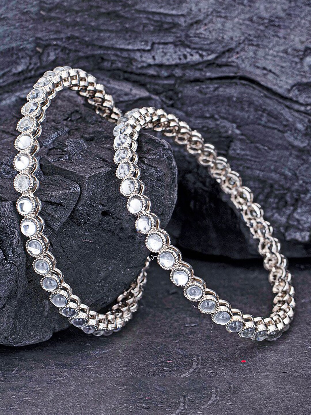 

Sukkhi Set Of 2 Rhodium-Plated Kundan-Studded Bangles, Silver
