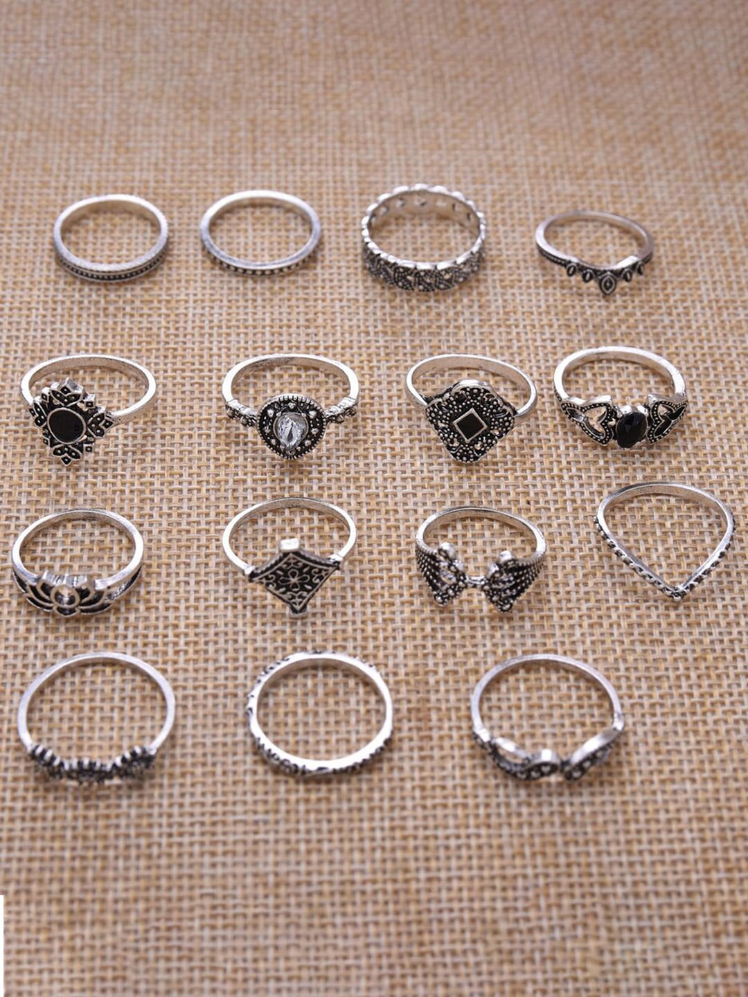

Sukkhi Set Of 15 Oxidised Silver-Plated Stone-Studded Finger Rings
