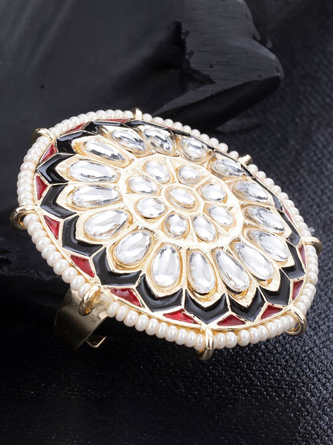 

Sukkhi Gold-Plated Kundan-Studded & Beaded Adjustable Finger Ring