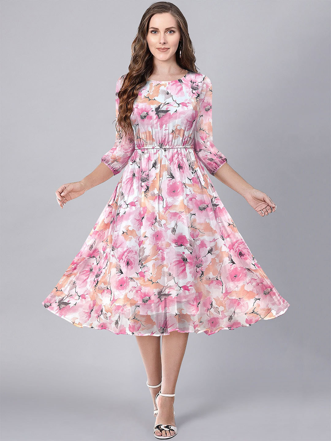 

KERI PERRY Floral Printed Puff Sleeve Georgette Fit & Flare Midi Dress, Pink