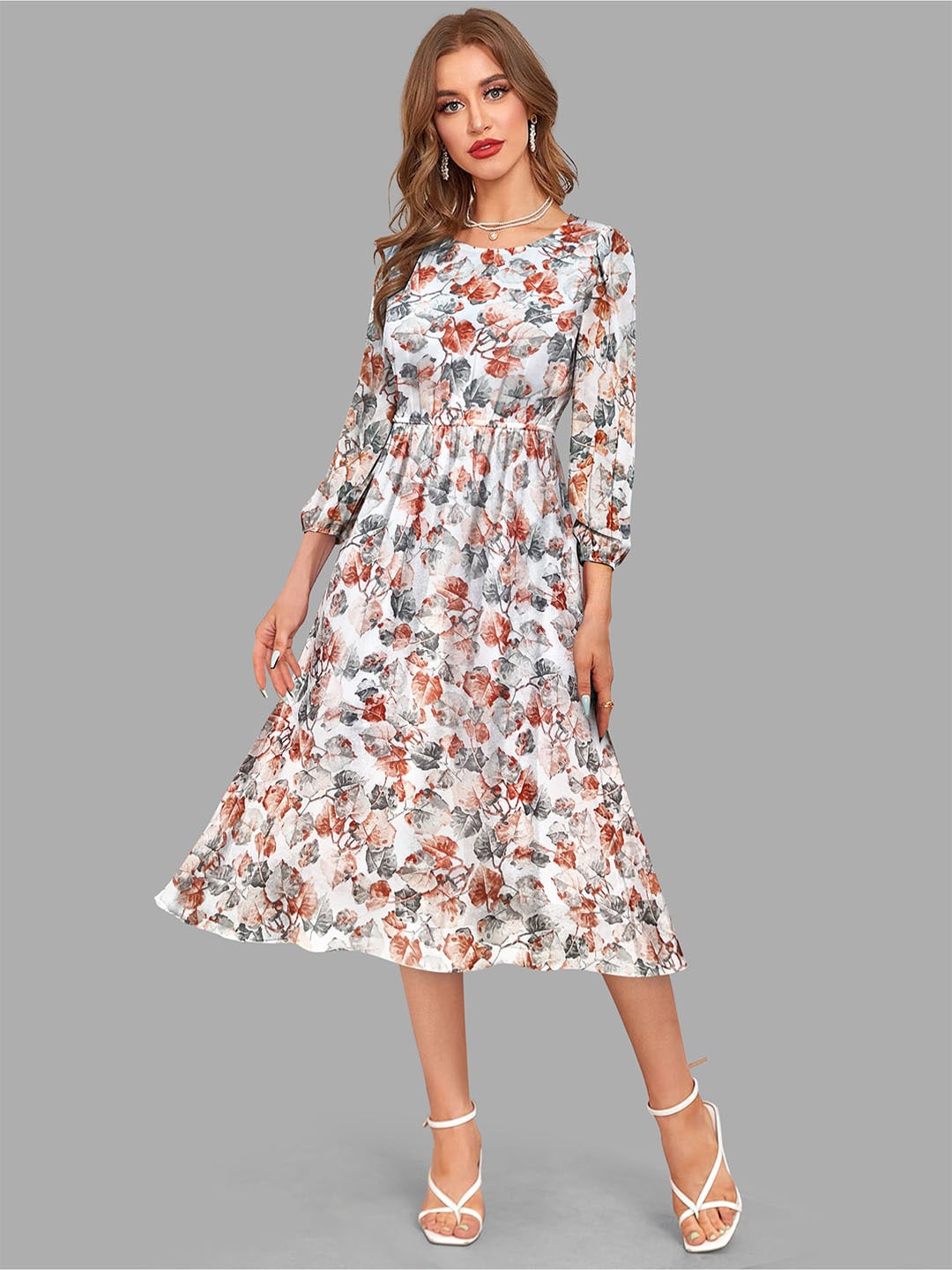 

KERI PERRY Floral Print Puff Sleeve Georgette Fit & Flare Midi Dress, Rust