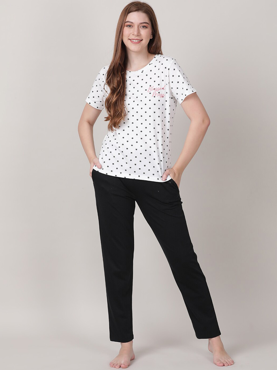 

mackly Conversational Printed Pure Cotton Night Suit, White