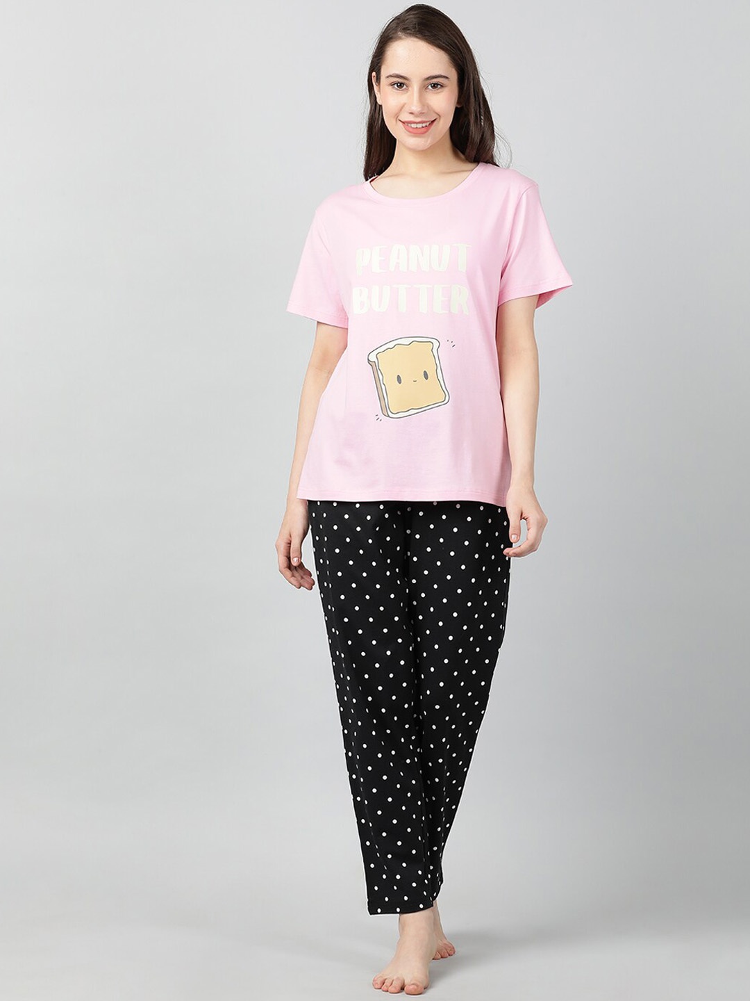 

mackly Polka Dots Printed Pure Cotton Night Suit, Pink