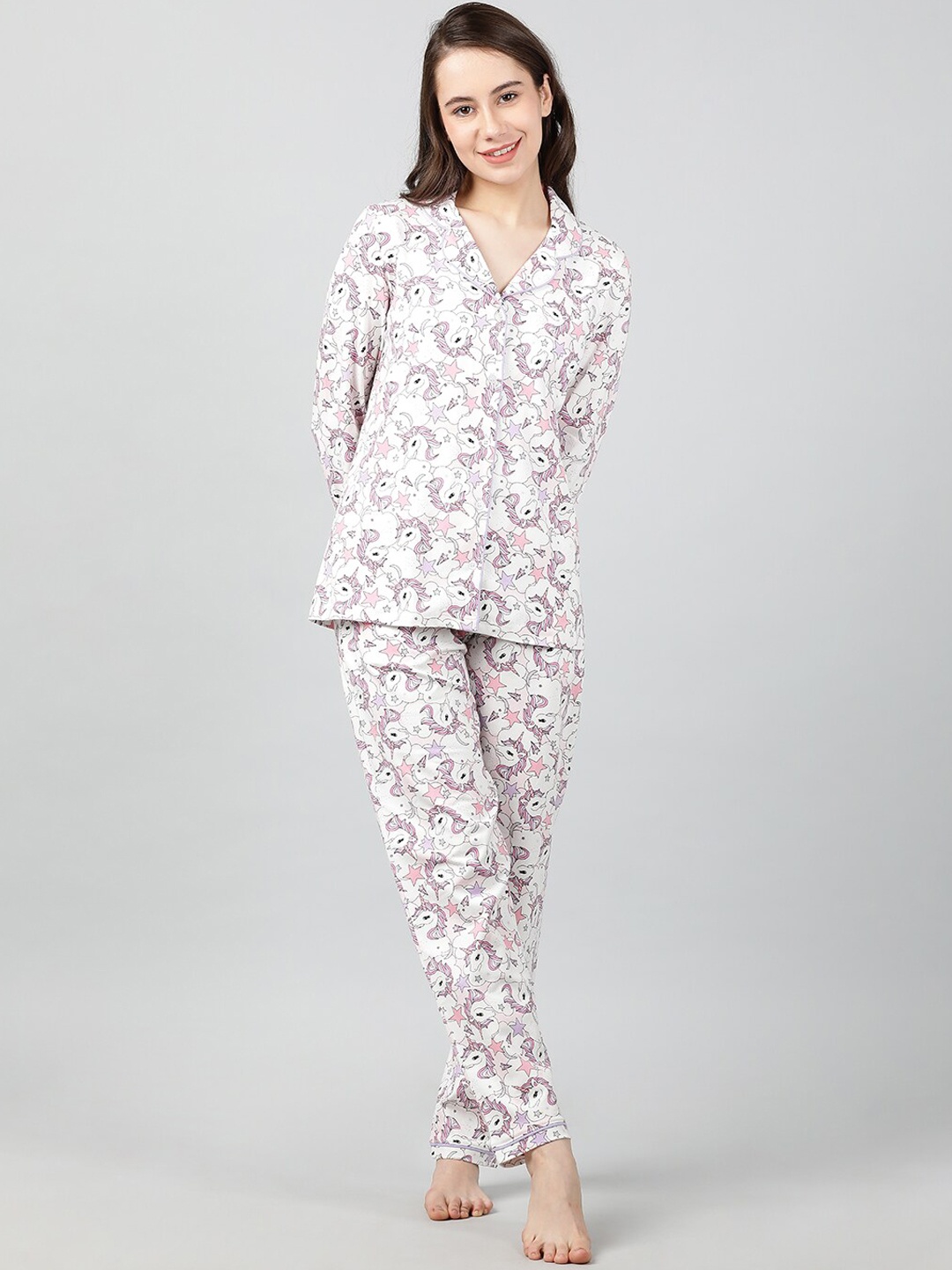 

mackly Women White & Pink Printed Night suit