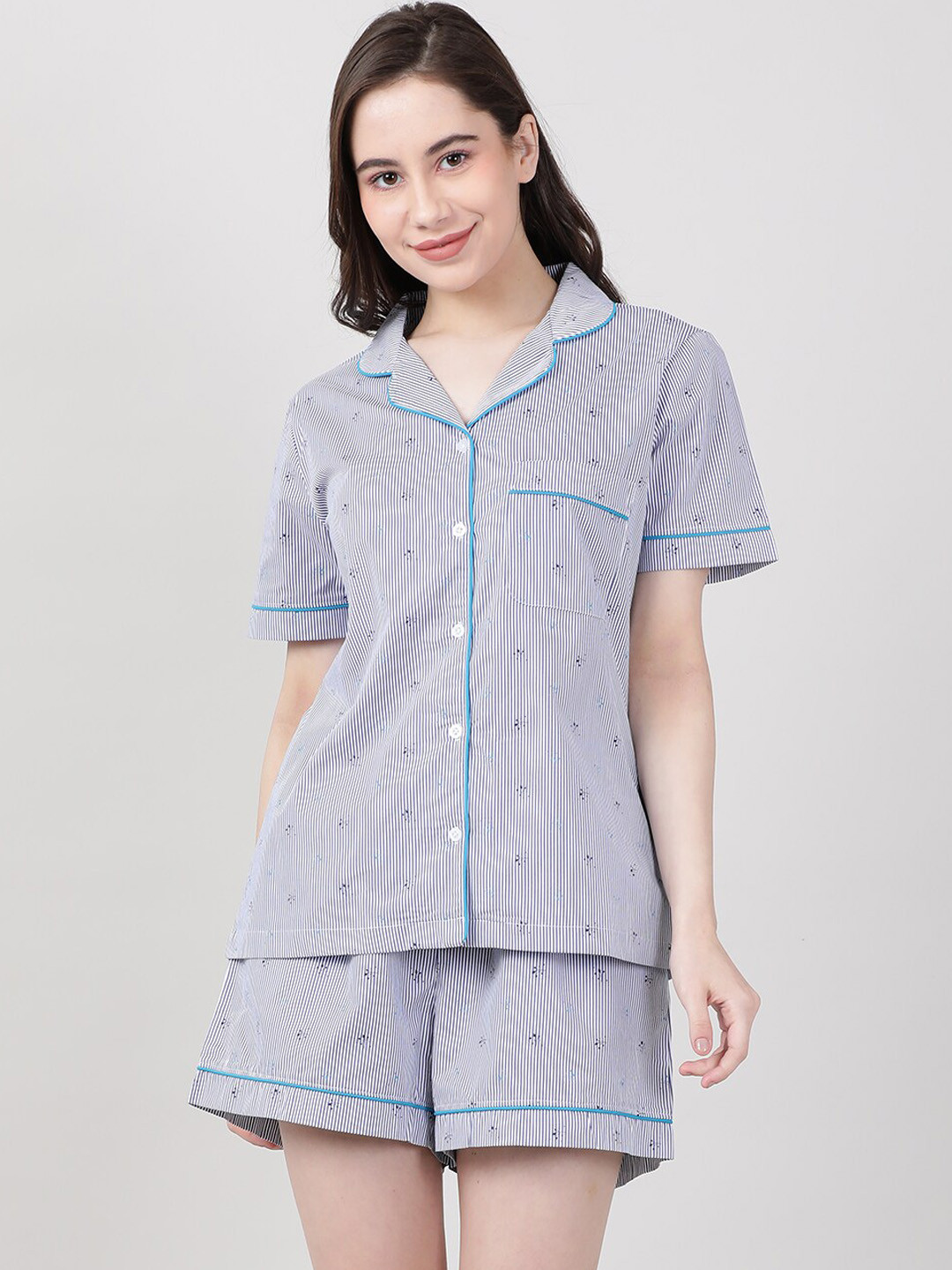 

mackly Women Blue & White Striped Night suit