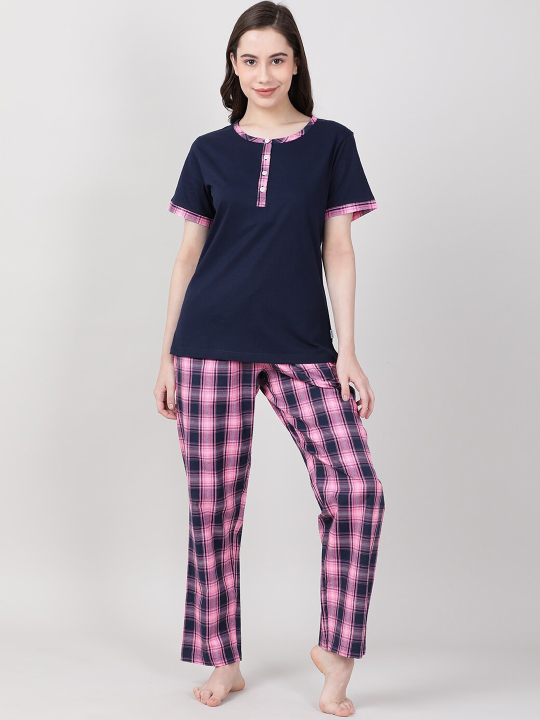 

mackly Checked Pure Cotton Night Suit, Navy blue