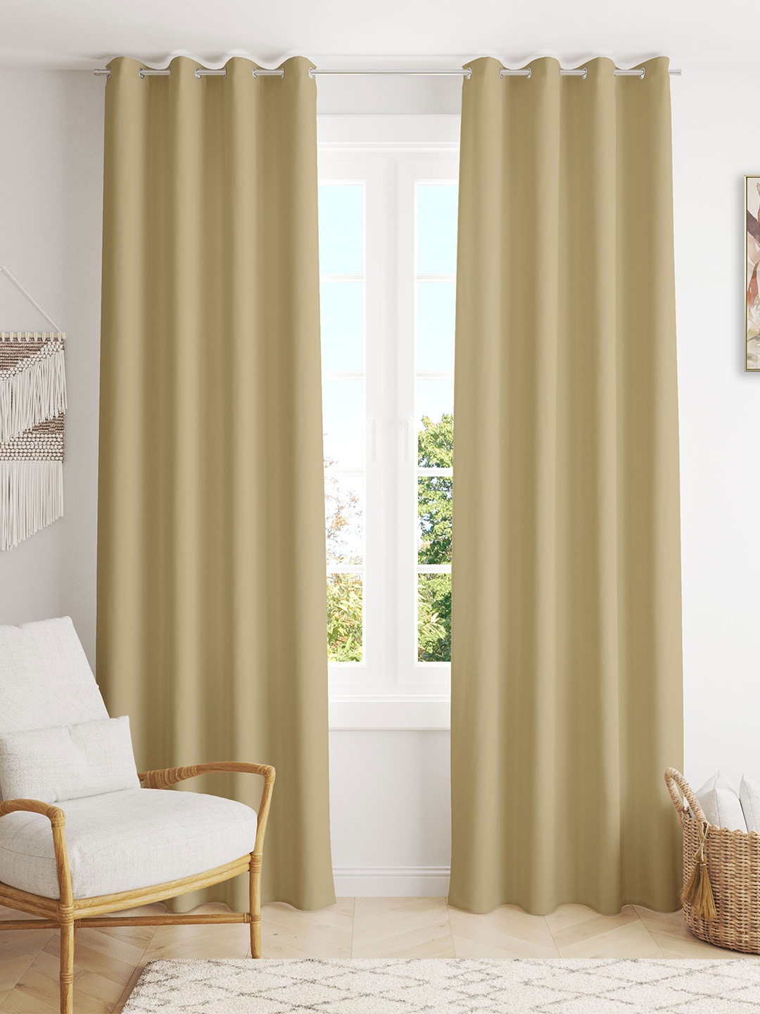 HOMEMONDE Beige Set of 2 Black Out Long Door Curtain