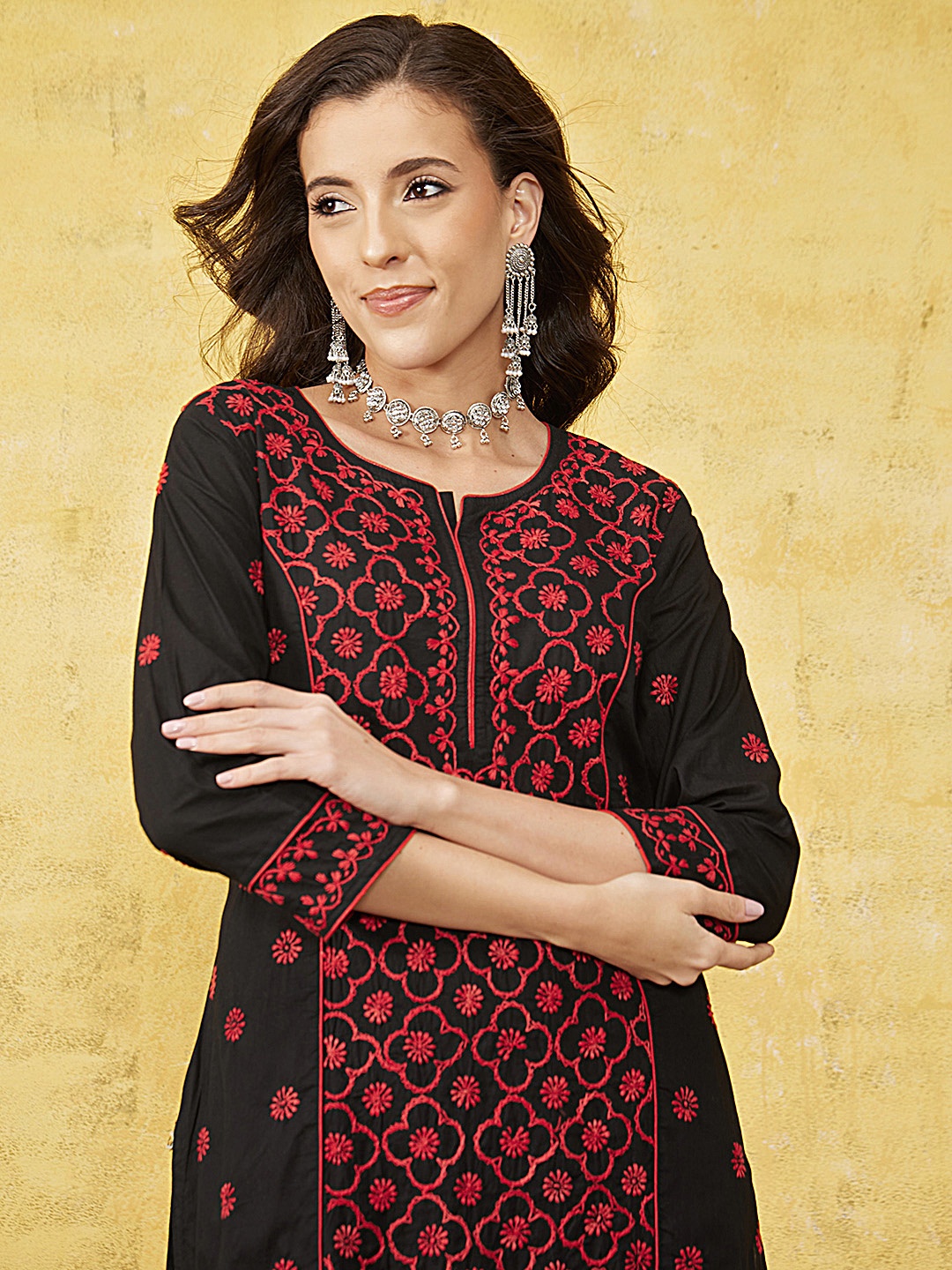 

ADA Floral Embroidered Cotton Straight Kurta, Black