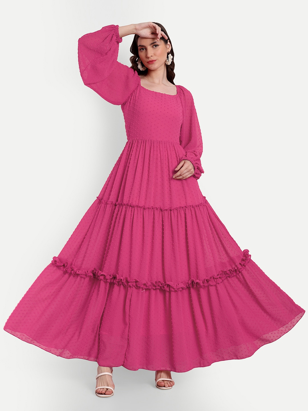 

ISAM Self Design Puff Sleeves Tiered Fit & Flare Maxi Dress, Magenta