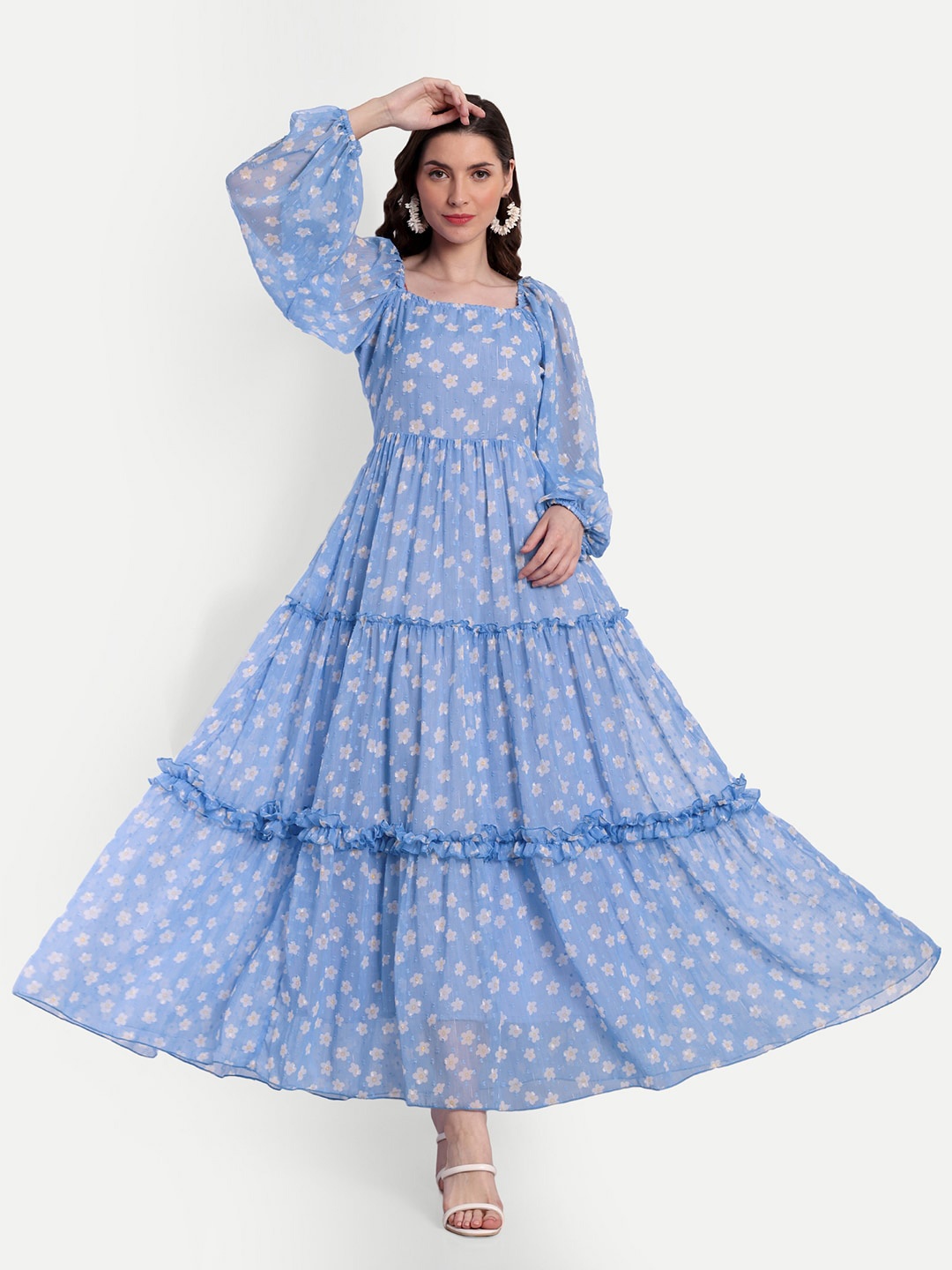 

ISAM Floral Printed Puff Sleeves Tiered Fit & Flare Maxi Dress, Blue