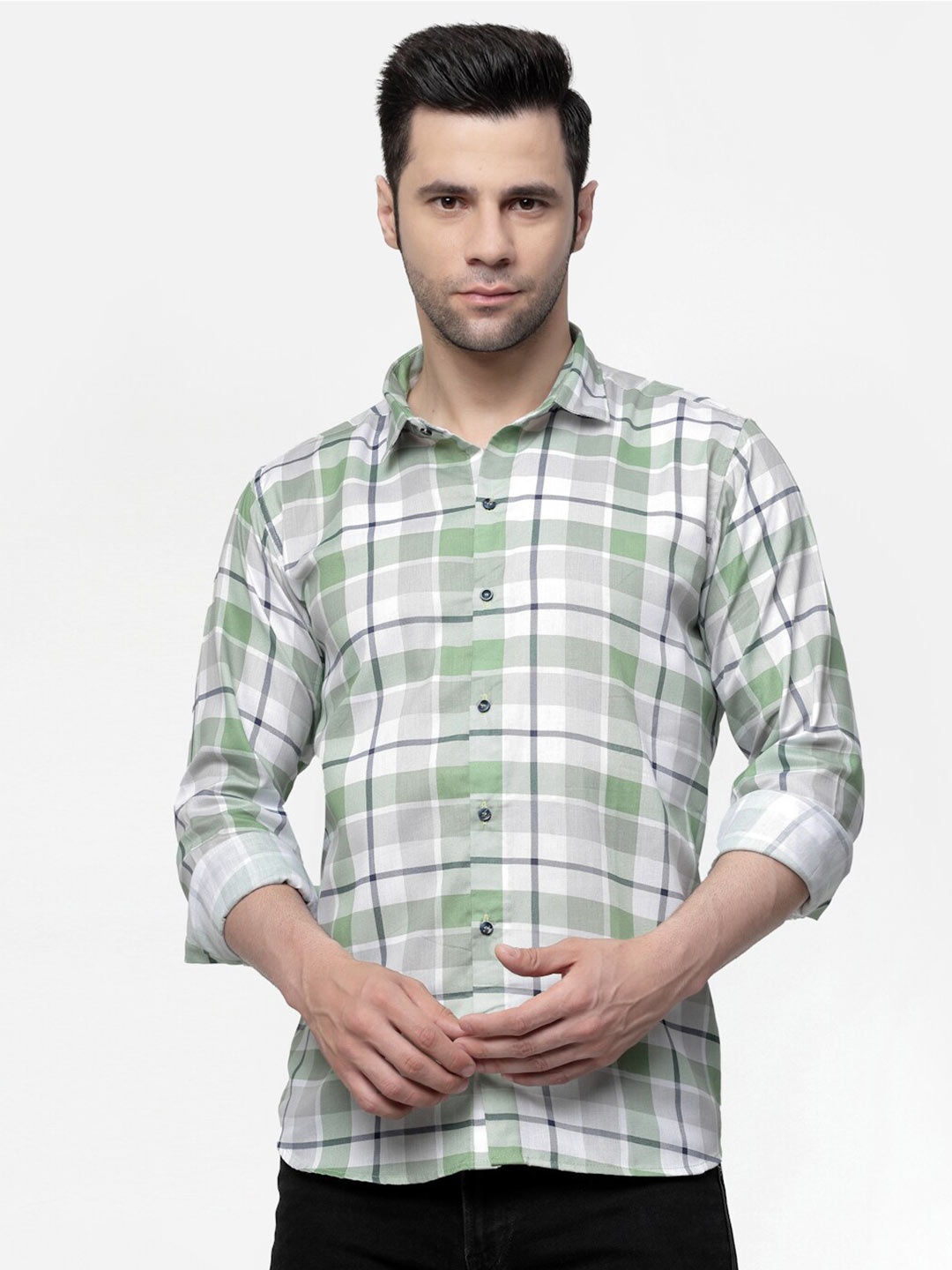 

ADWYN PETER New Tartan Checks Spread Collar Cotton Casual Shirt, Green