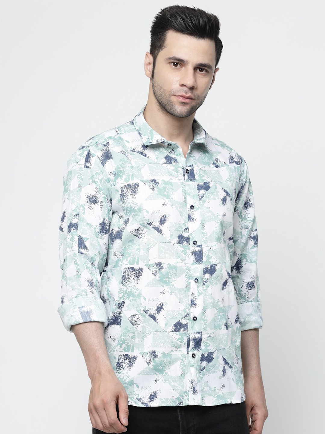 

ADWYN PETER New Abstract Printed Spread Collar Cotton Casual Shirt, Green