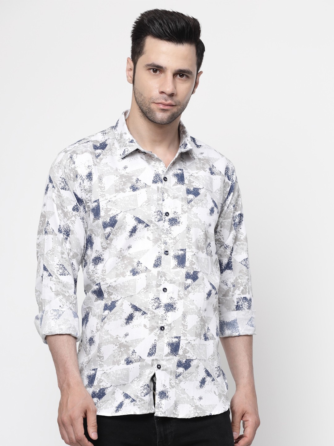 

ADWYN PETER New Abstract Printed Spread Collar Cotton Casual Shirt, Grey