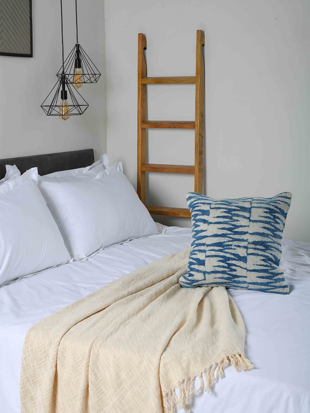 

THE SEWING CREST Azure Blue & Beige 2 Pieces Abstract Square Cotton Cushion Covers