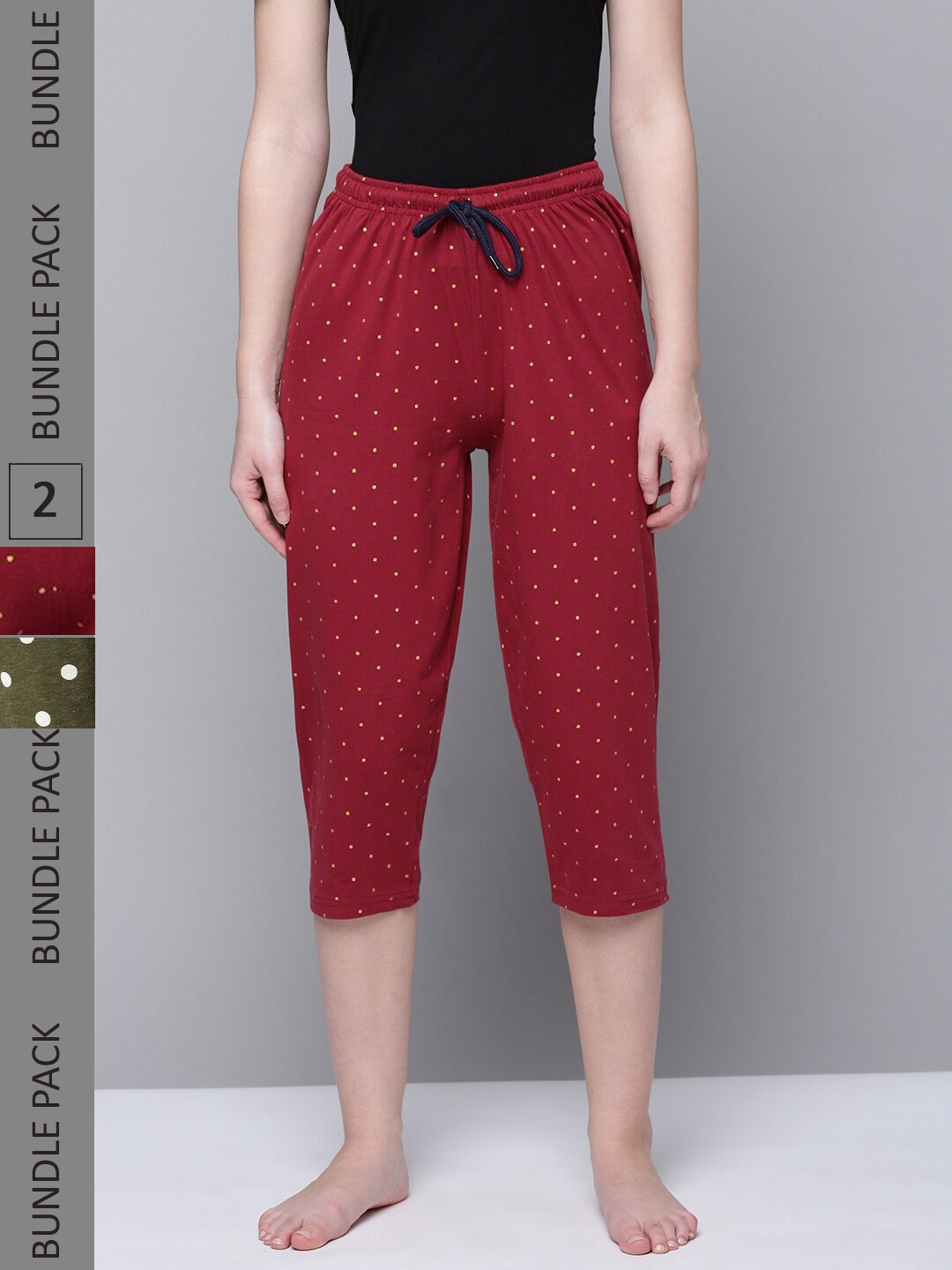 

Kryptic Women Pack Of 2 Printed Mid-Rise Pure Cotton Capris, Maroon