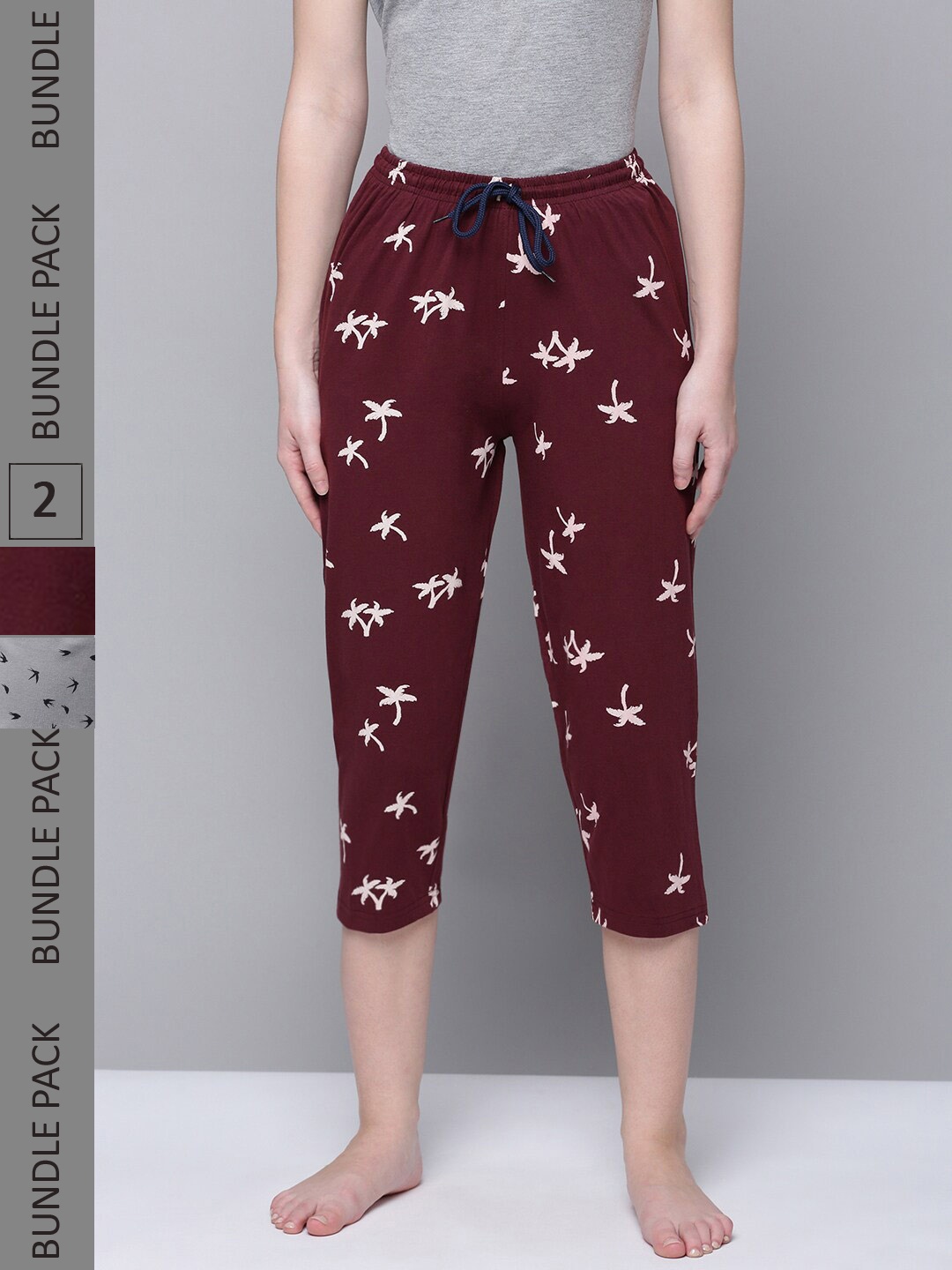 

Kryptic Women Pack Of 2 Printed Mid-Rise Pure Cotton Capris, Maroon