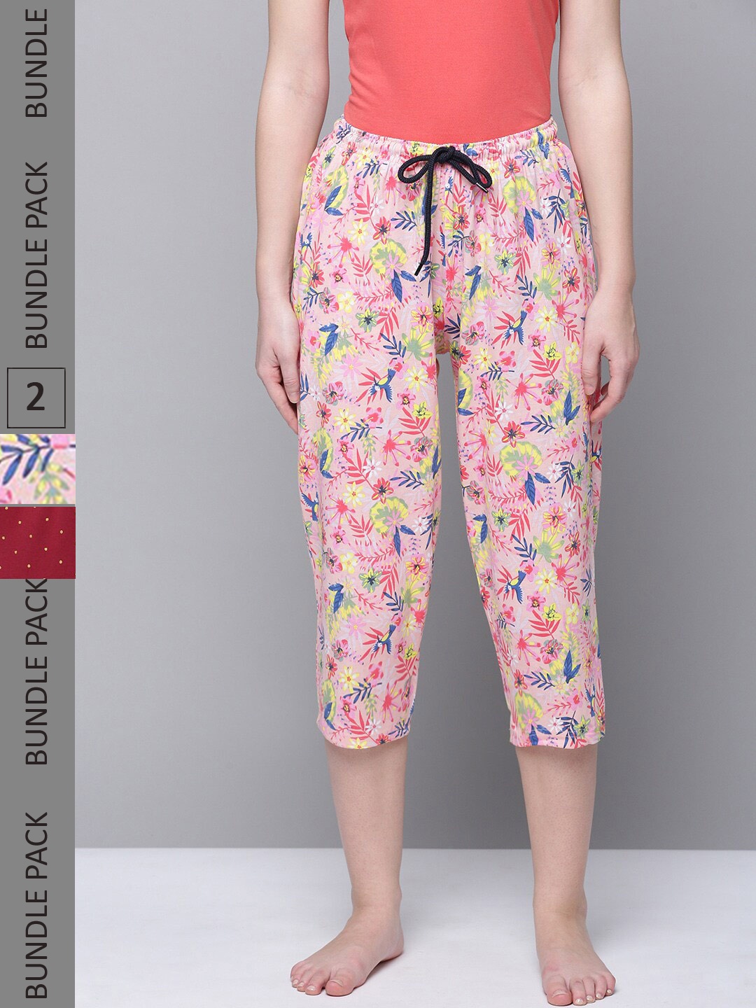 

Kryptic Women Pack Of 2 Printed Mid-Rise Pure Cotton Capris, Pink