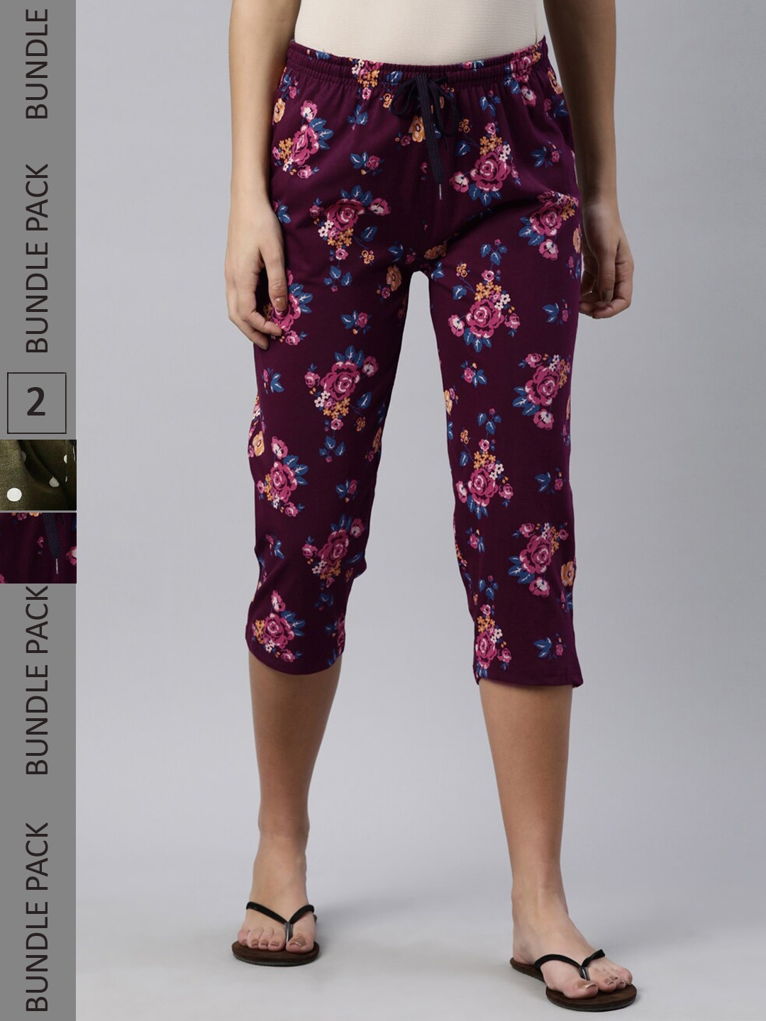 

Kryptic Women Pack Of 2 Printed Mid-Rise Pure Cotton Capris, Purple