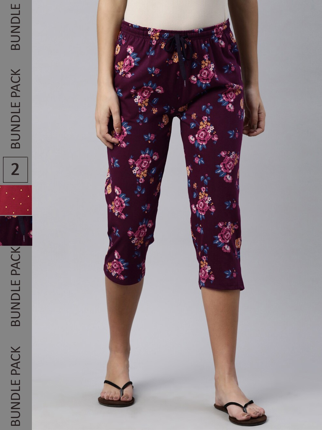 

Kryptic Women Pack Of 2 Printed Mid-Rise Pure Cotton Capris, Purple