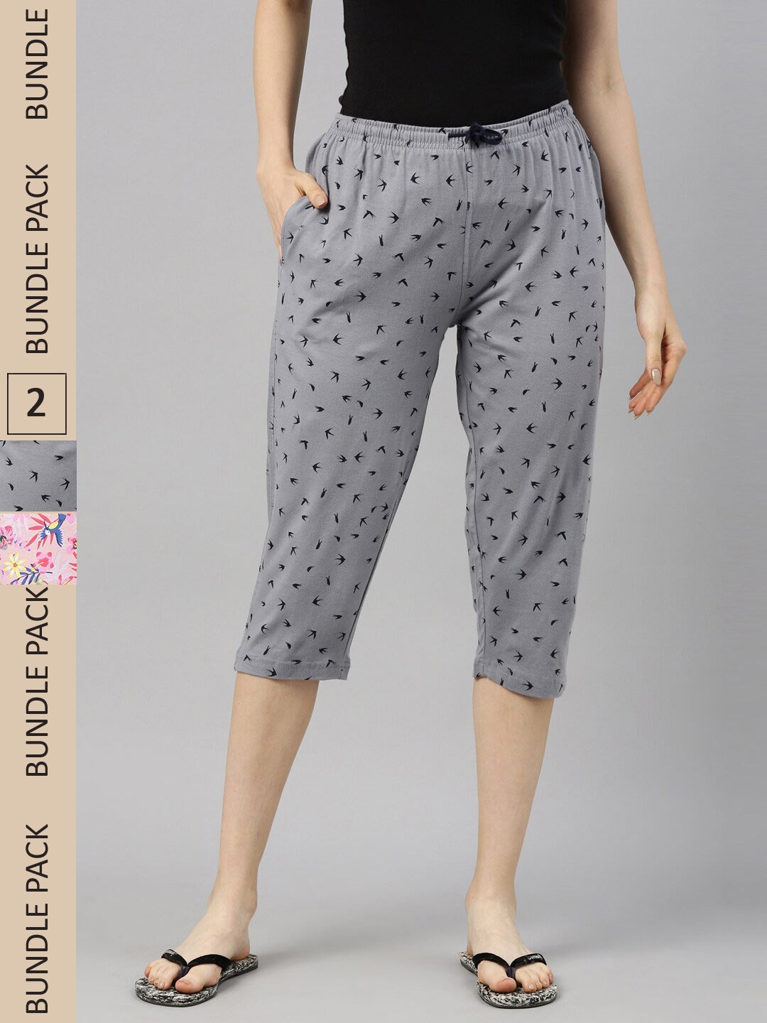 

Kryptic Women Pack Of 2 Printed Mid-Rise Pure Cotton Capris, Grey