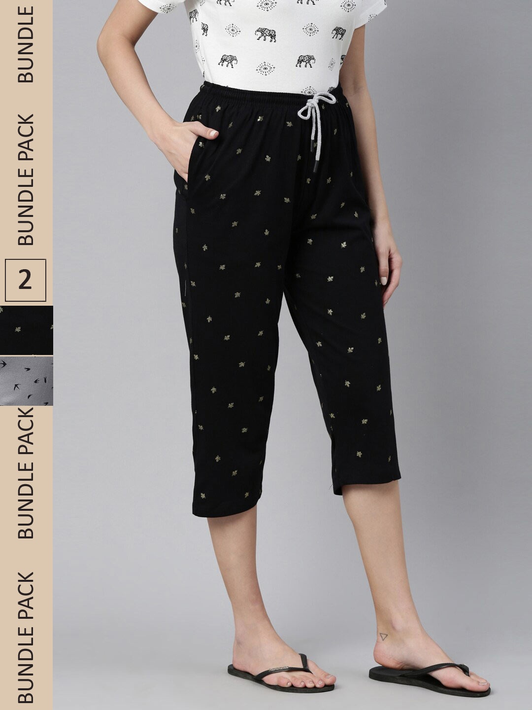

Kryptic Women Pack Of 2 Printed Mid-Rise Pure Cotton Capris, Black