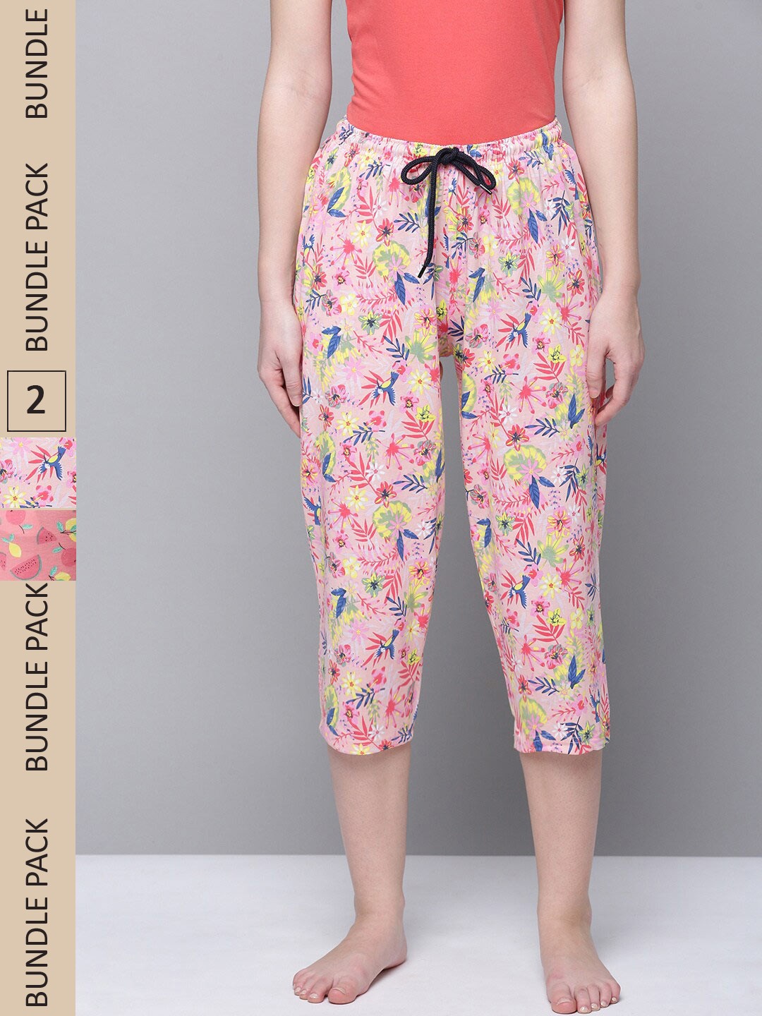 

Kryptic Women Pack Of 2 Printed Pure Cotton Capris, Coral