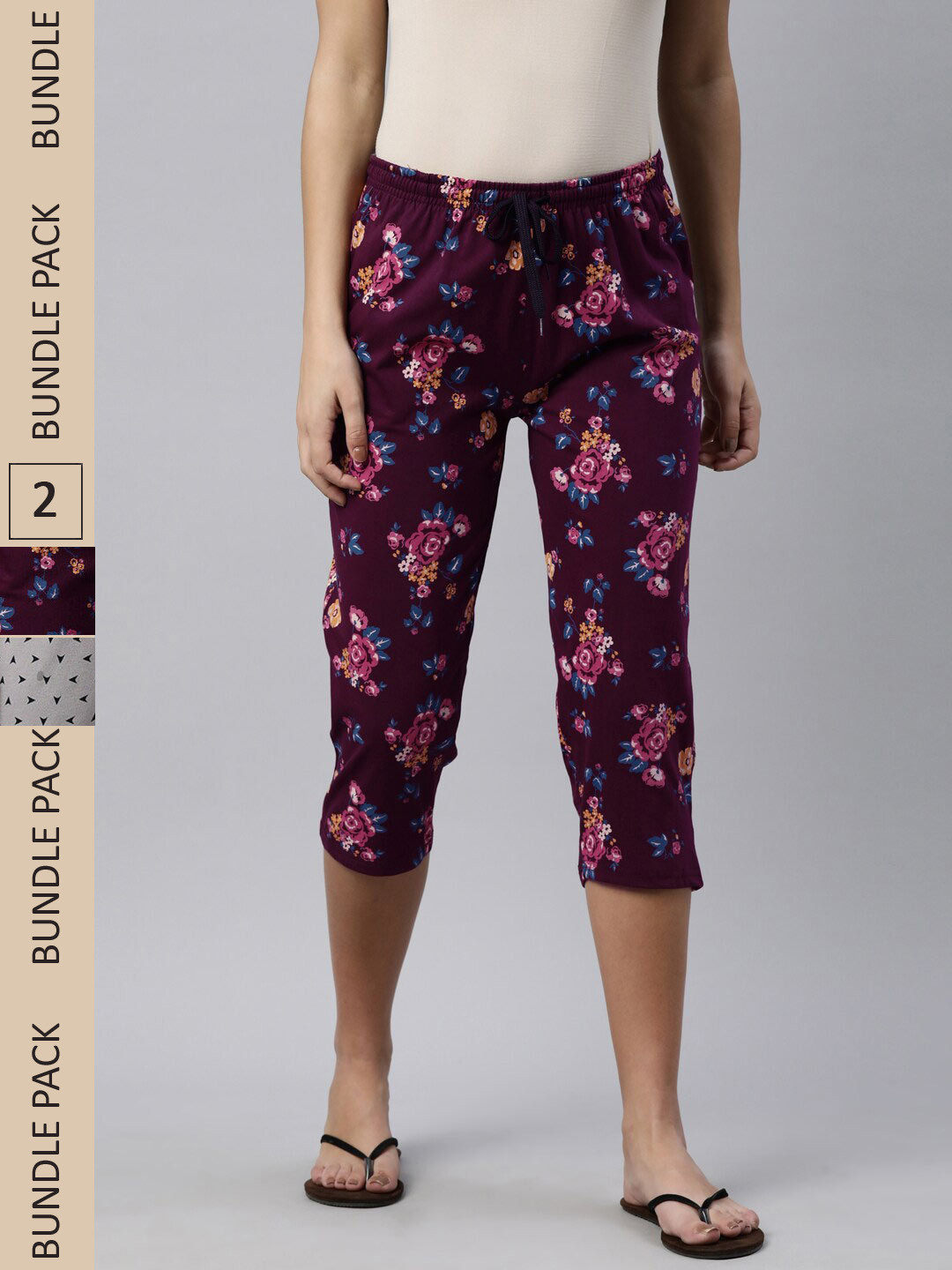 

Kryptic Women Pack Of 2 Printed Mid-Rise Pure Cotton Capris, Purple