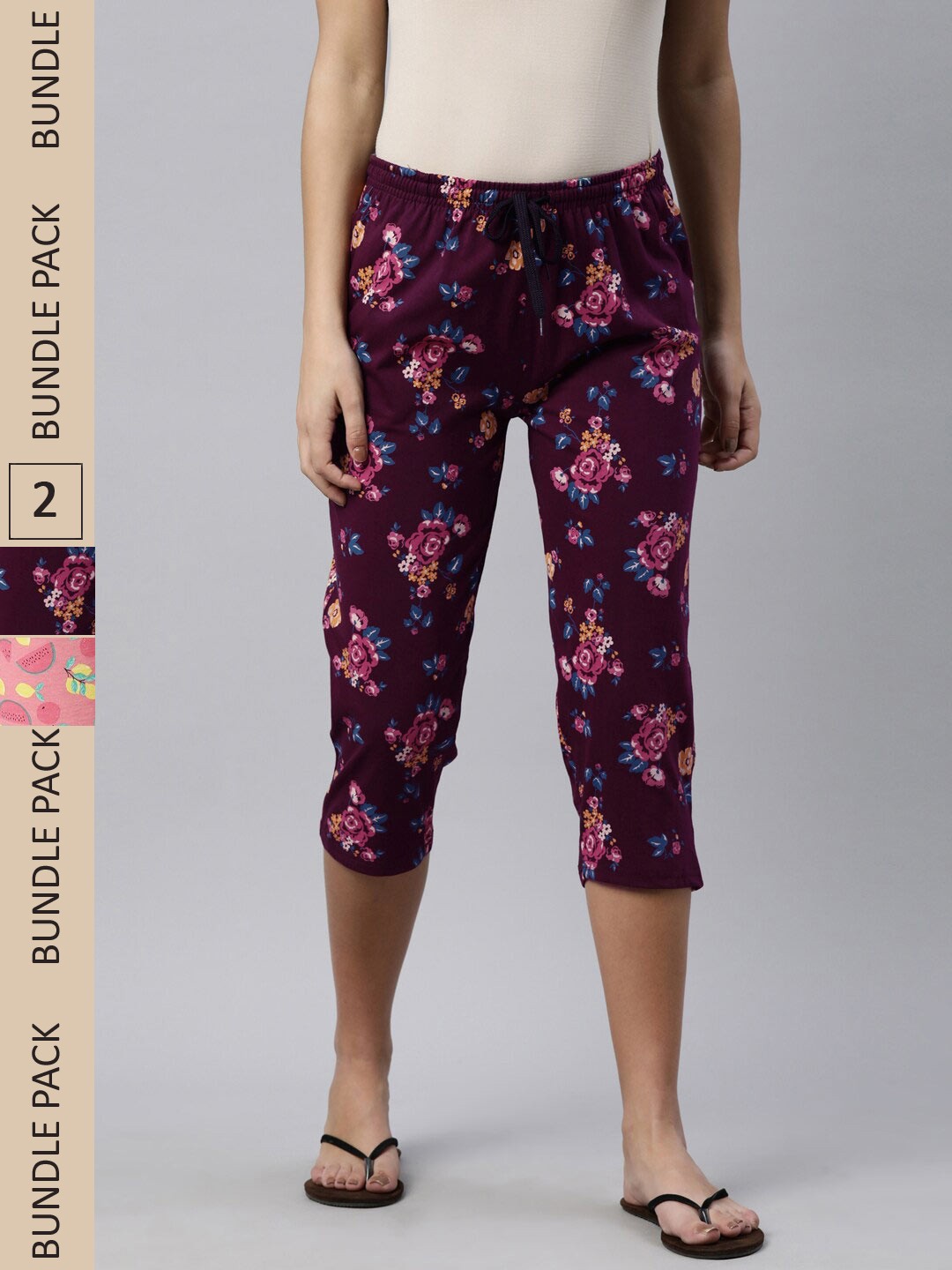 

Kryptic Women Pack Of 2 Printed Mid-Rise Pure Cotton Capris, Purple