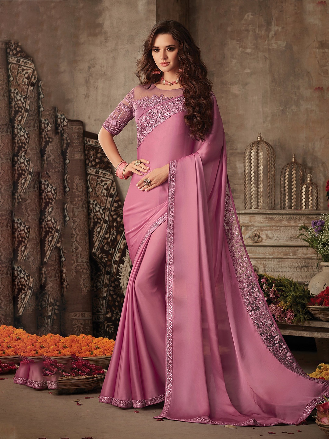 

DIVASTRI Pink & Gold-Toned Embroidered Pure Silk Saree