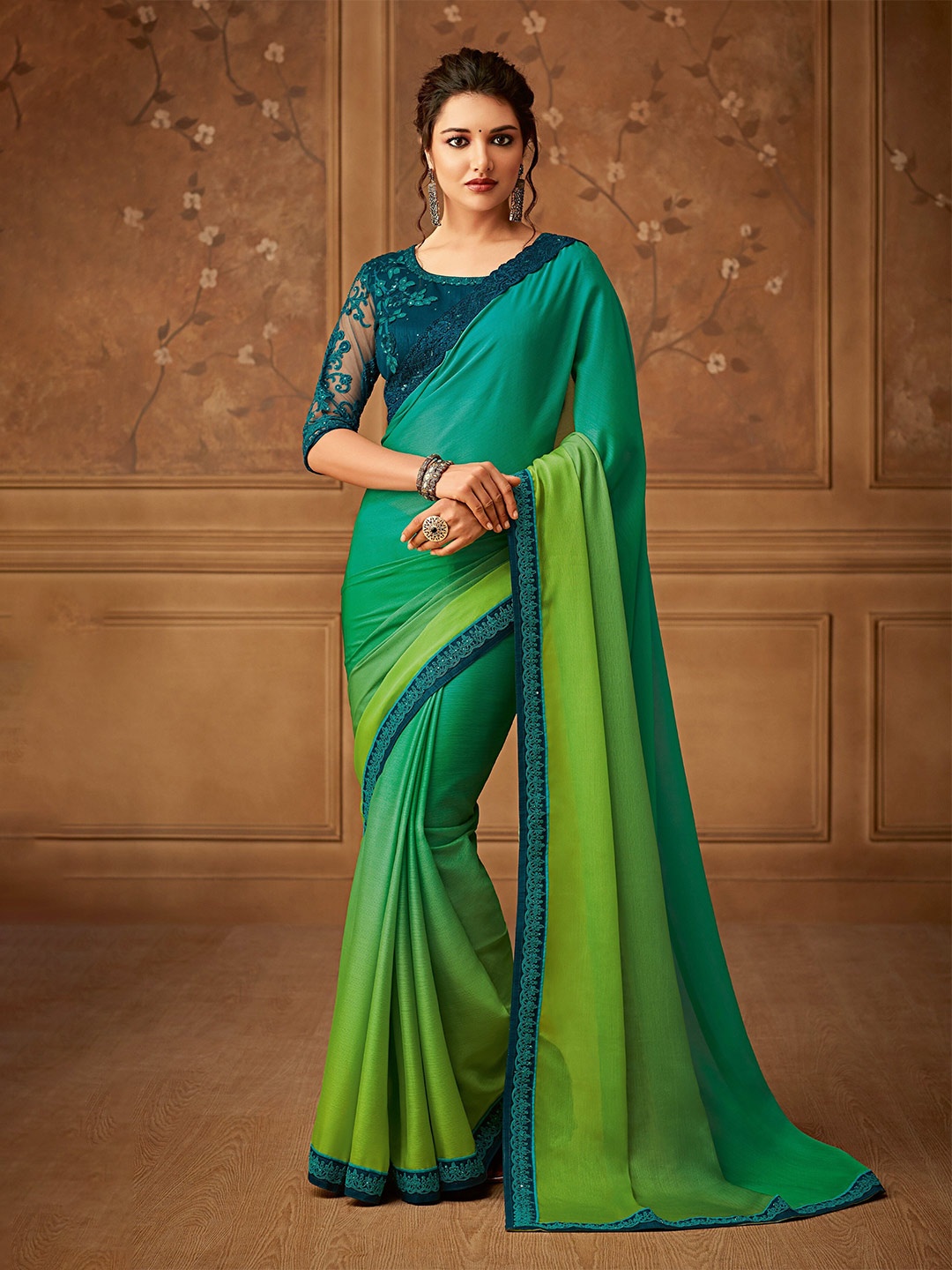 

DIVASTRI Embroidered Pure Chiffon Saree, Green