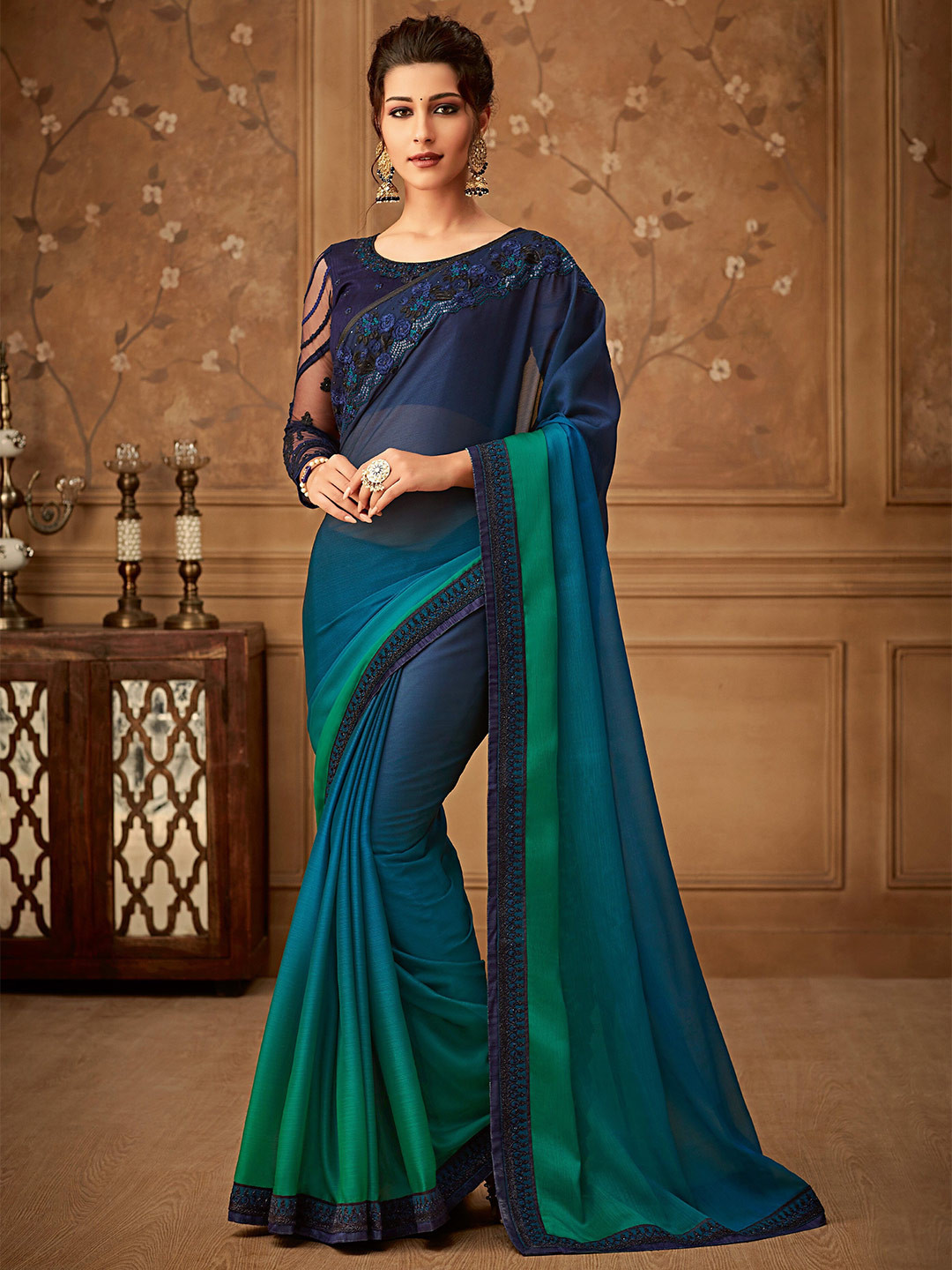 

DIVASTRI Sequinned Pure Chiffon Saree, Blue