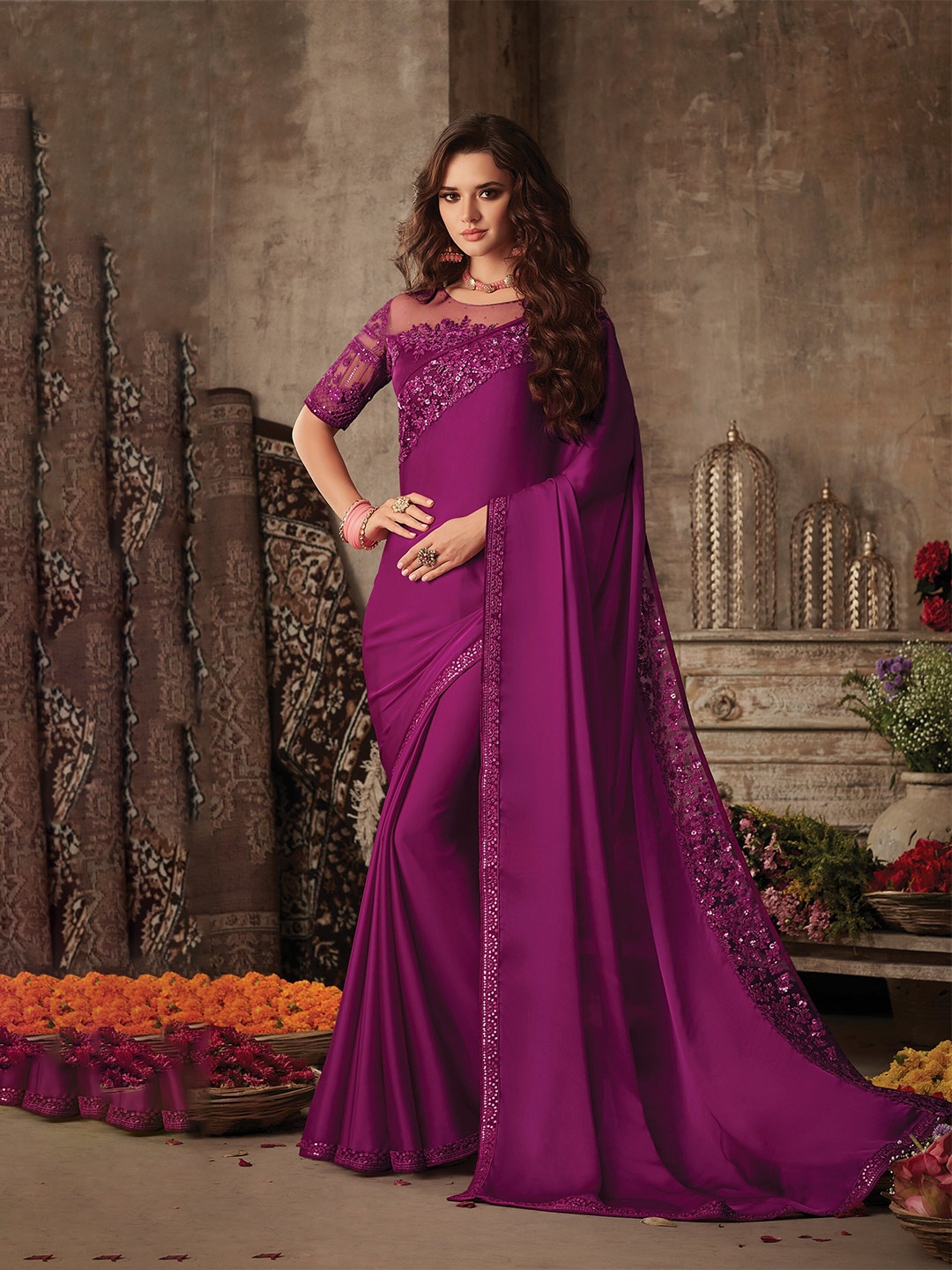 

DIVASTRI Sequinned Embroidered Pure Silk Saree, Purple