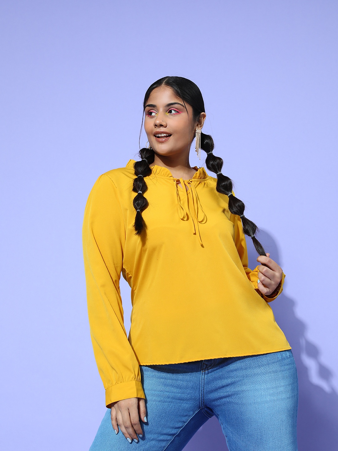 

Berrylush Curve Plus Size Yellow Tie-Up Neck Ruffles Top