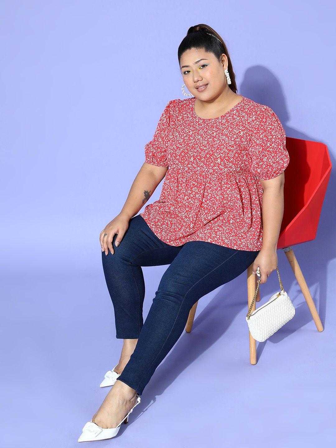 

Berrylush Curve Floral Print Puff Sleeve Peplum Top, Red