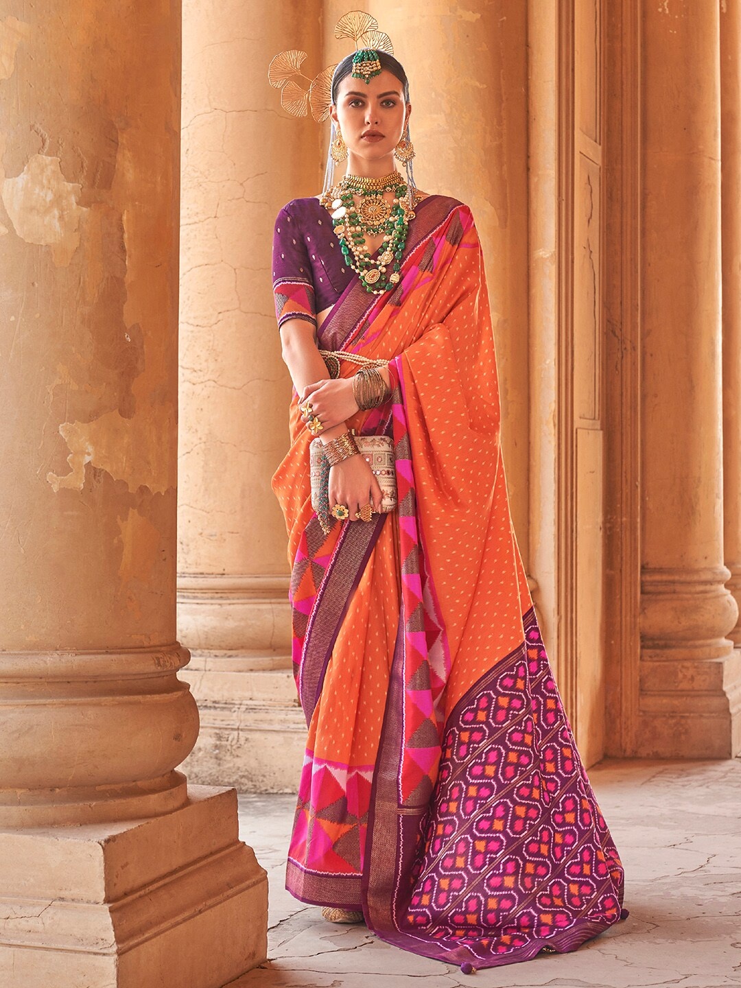 

Anouk Orange & Pink Ethnic Woven Design Zari Banarasi Saree