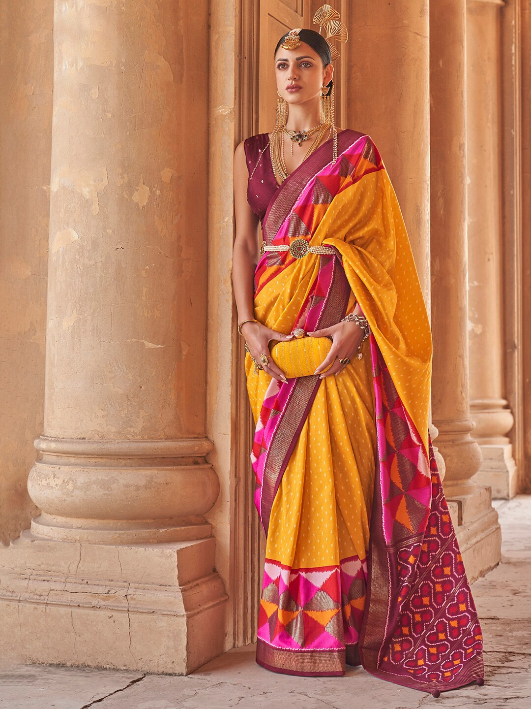 

Anouk Yellow & Pink Ethnic Motifs Woven Design Zari Banarasi Saree