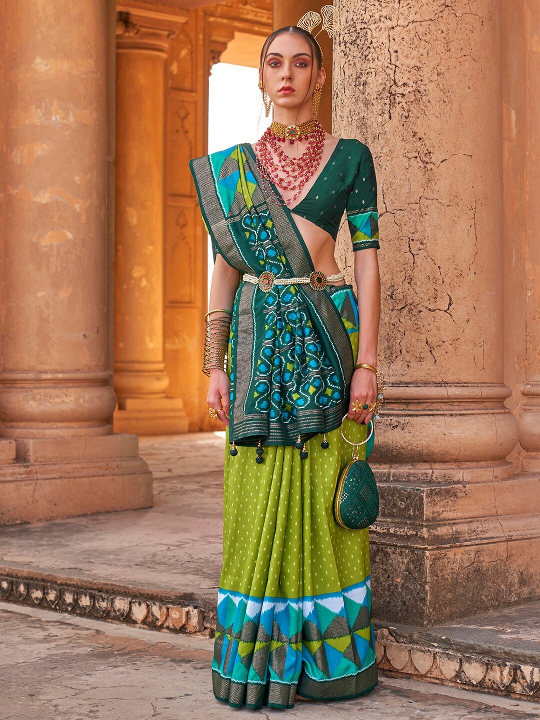 

Anouk Green & Blue Ethnic Woven Design Zari Banarasi Saree